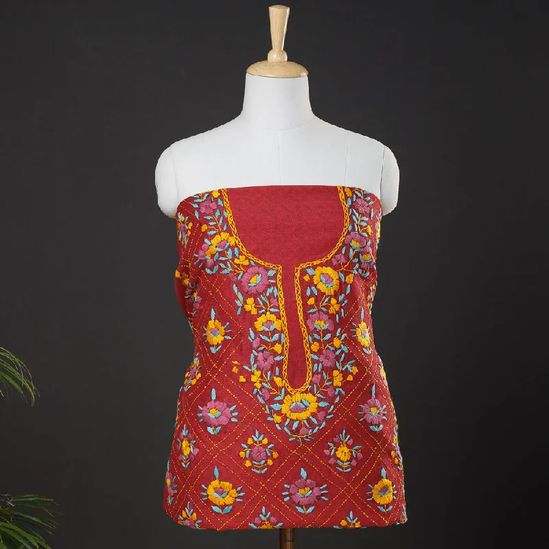 Red - Ranihati Chanderi Silk Chapa Work Tagai Phulkari Embroidery Unstitched Kurta Material (2.5 M)