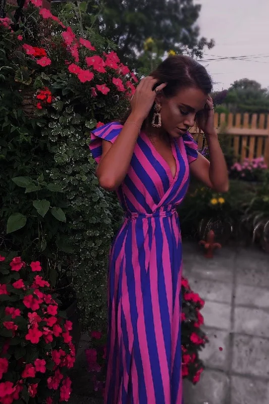 Pink And Lilac Plunge Wrap Belted Maxi Dress - Carri