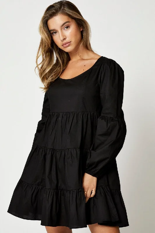 Black Tiered Smock Long Sleeve Mini Dress