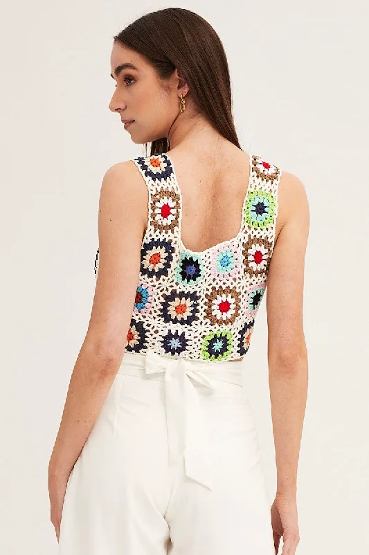 Multi Crochet Top Crop Square Neck