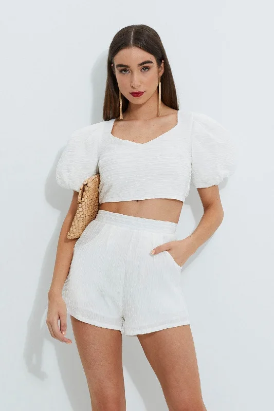 White Designer Textured Strappy Puff Sleeve Crop Top