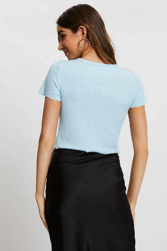 Blue Tie Front Short Sleeve Crop Top