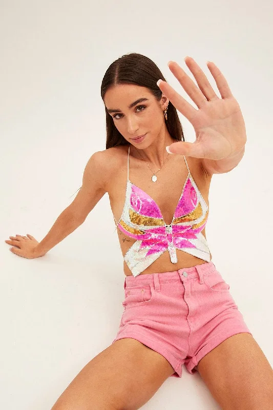 Multi Butterfly Crop Top Backless