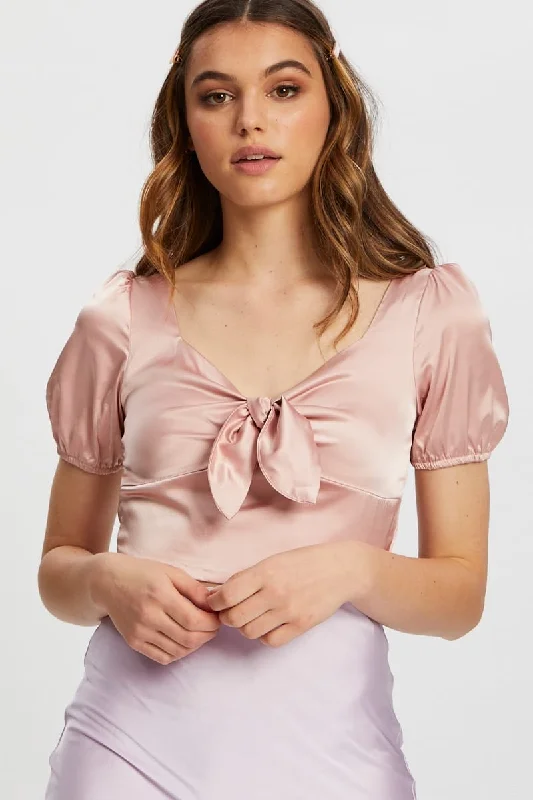 Pink Satin Puff Sleeve Crop Top