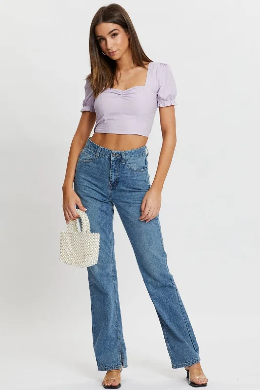 Purple Poplin Puff Sleeve Crop Top