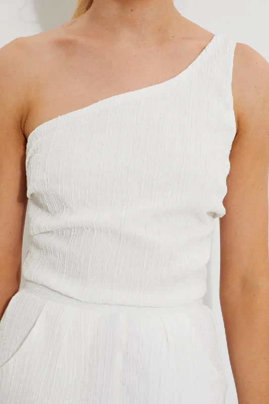 White Designer Textured One Shoulder Crop Top