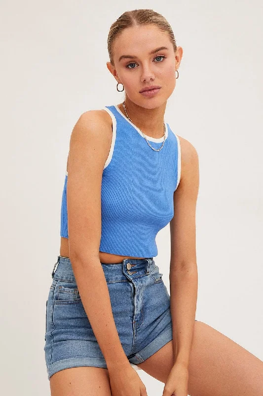 Blue Knit Top Crop Sleeveless Round Neck