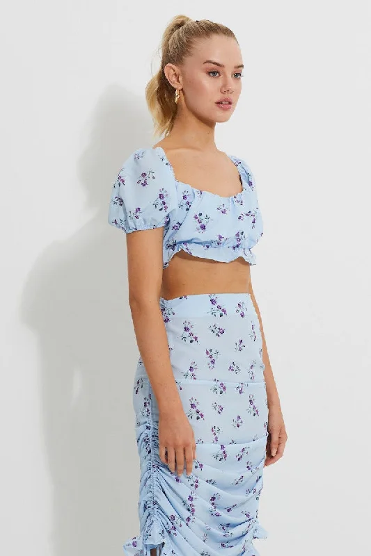 Print Print Puff Shoulder Ruched Bust Crop Top