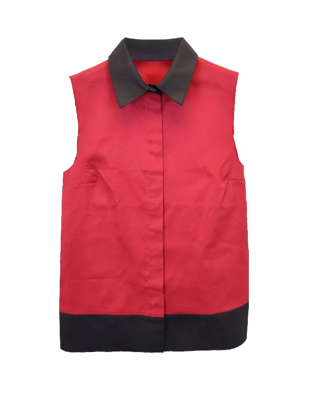 Color Block Sleeveless Buttoned Top in Red Polyester