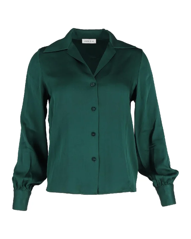 Luxurious Emerald Green Silk Button-Up Shirt with Wide Collar and Shirred Cuffs